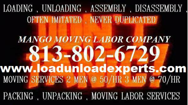 Or to our customers who have rented a truck and need it loaded to head out of state a load only is 300.00.  unbeatable price of 300.00 Load / Unload or 360.00 Load and unload Now serving Tampa Florida +100 miles.Including but not limited to , Hillsborough , Pasco , Pinellas and Hernando Polk Manatee County Florida!